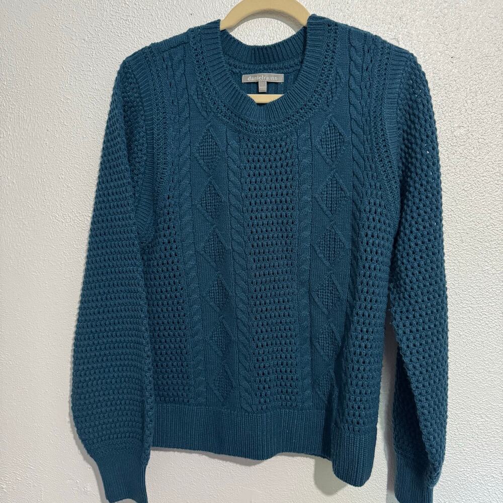 Daniel Rainn Teal Blue Cable Knit Openwork Chunky Sweater L Wool Blend Boho Cozy